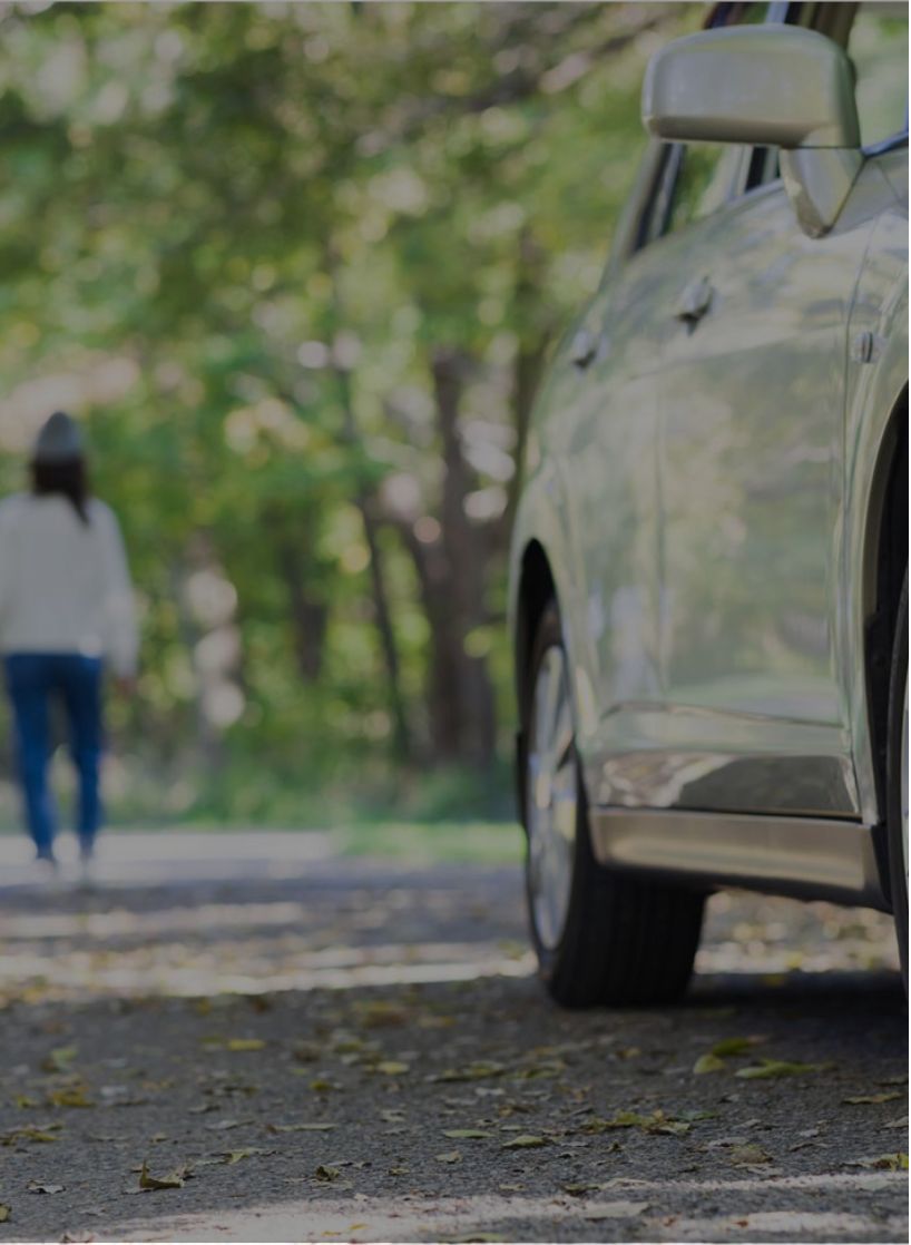 緑が生い茂った道に車と女性の後ろ姿の画像